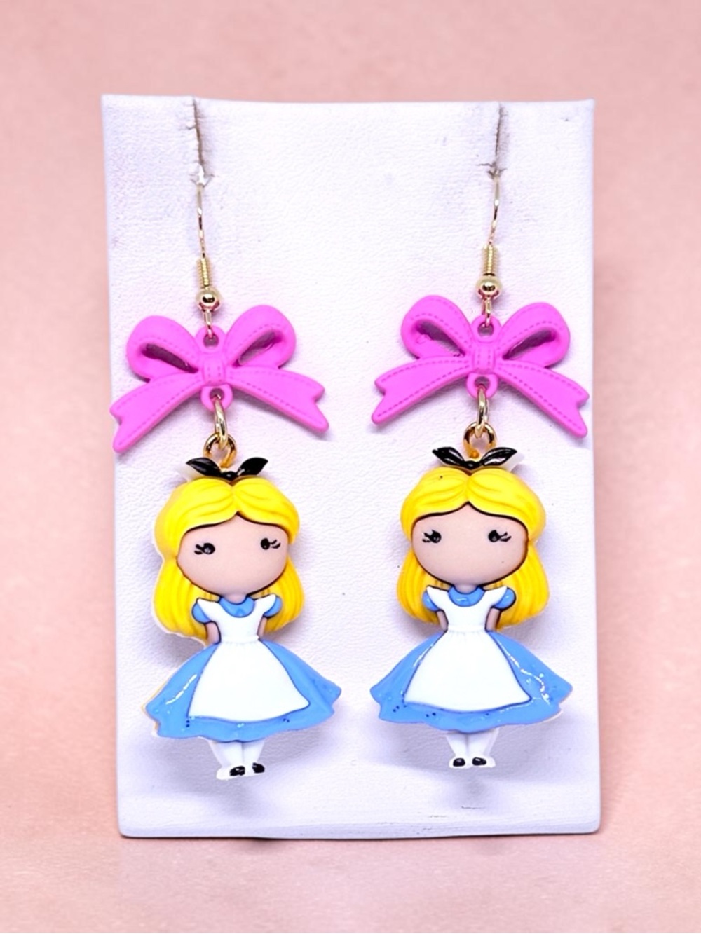 Girls Pink Bow Alice-Inspired Drop Earrings